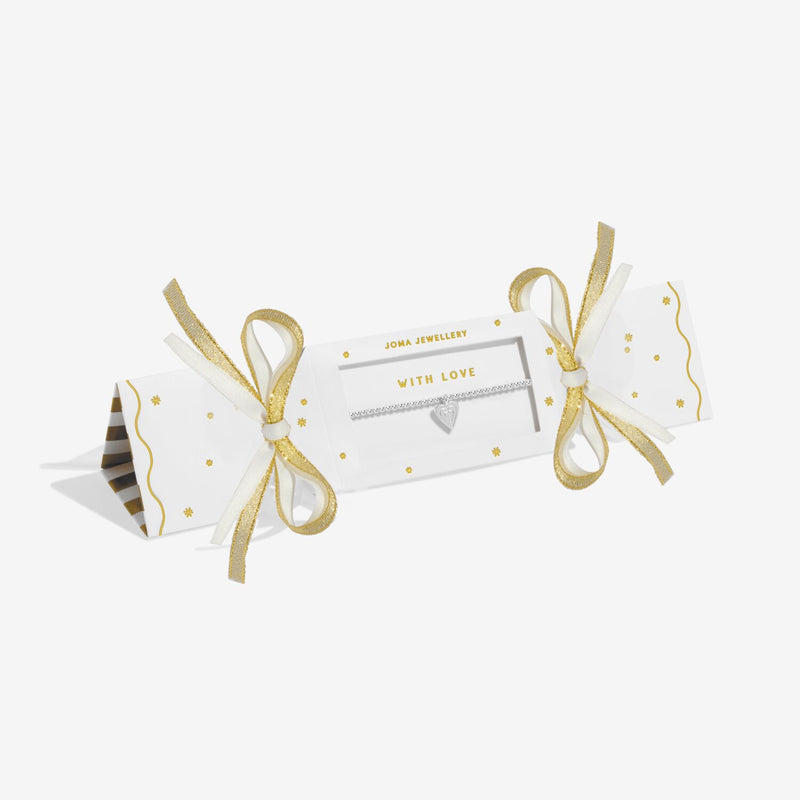 White and gold cracker‑style gift box presenting Joma Jewellery With Love layered‑heart bracelet.

