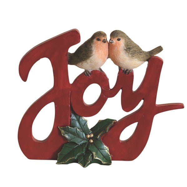 Red JOY sign with two robins and holly, 15.5 x 12.5 cm

