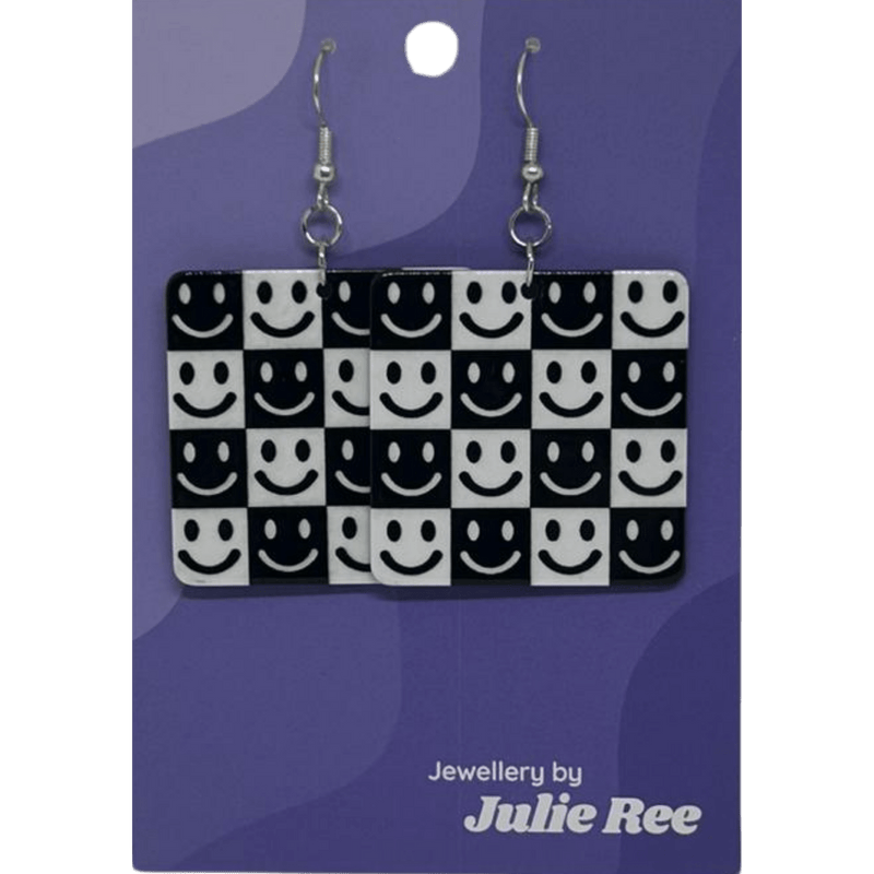 Julie Ree Earrings - Black & White Smiley - Something Different Gift Shop