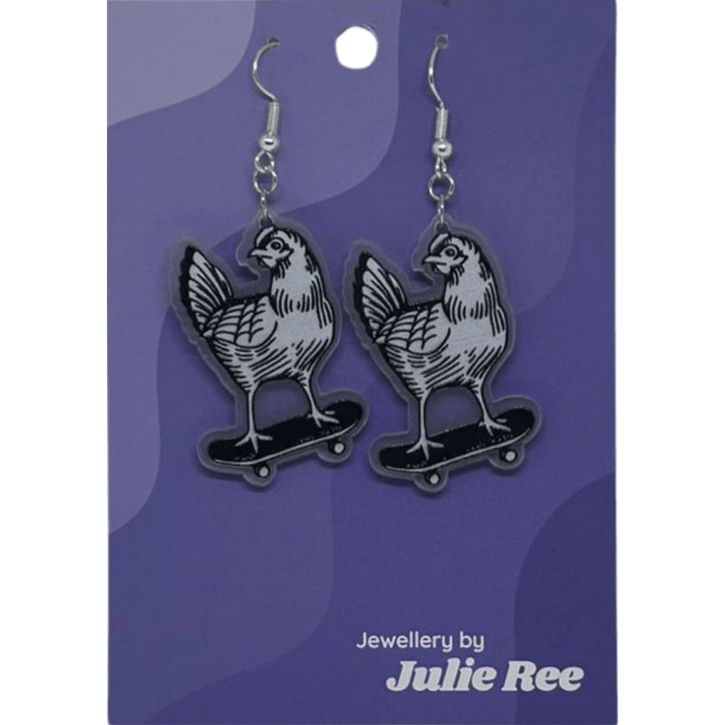 Julie Ree Earrings - Skateboarding Chicken - Something Different Gift Shop