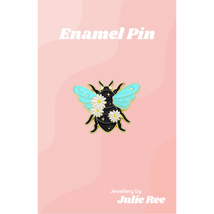 Bee Enamel Pin with Daisies and Blue Wings – Jewellery by Julie Ree