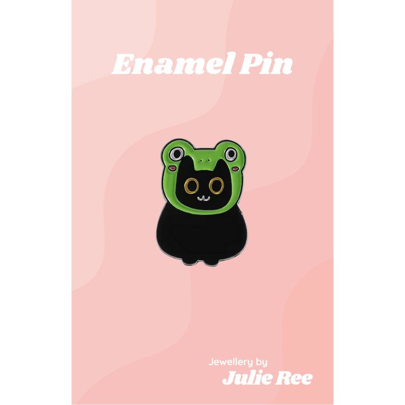 Julie Ree Enamel Pin - Cat With Frog Hat - Something Different Gift Shop