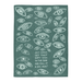 Full view of teal woven cotton tea towel with all-over eye pattern and dirty dish slogan.