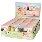 Kawaii Bread Cat Keychain Mystery Blind Box counter display with boxed keychains and sample charms