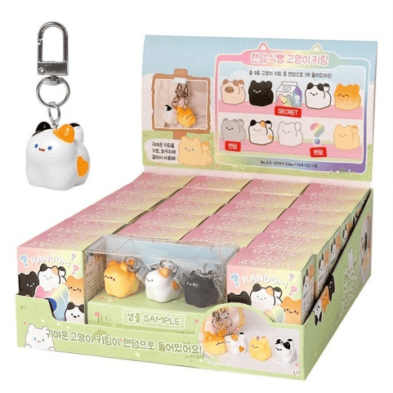 Kawaii Bread Cat Keychain Mystery Blind Box retail display with featured sample keychain and boxed stock