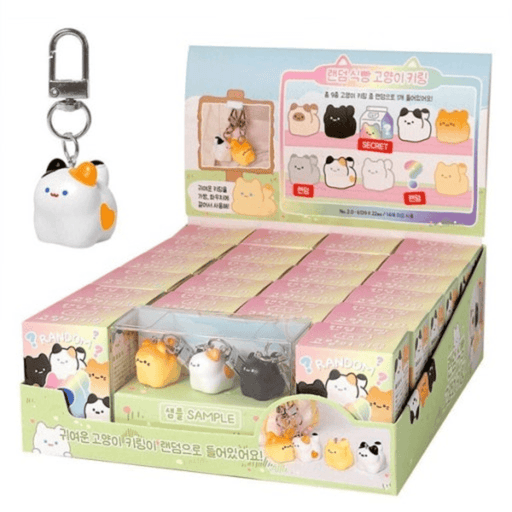 Kawaii Bread Cat Keychain Mystery Blind Box retail display with featured sample keychain and boxed stock