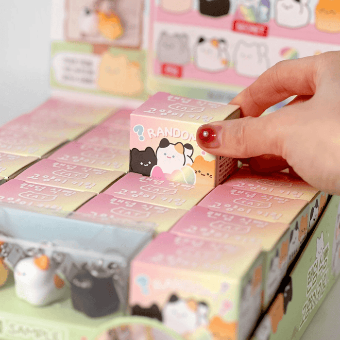 Kawaii Bread Cat Keychain Mystery Blind Box being picked from the display tray