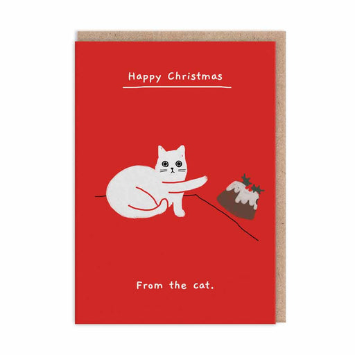 Red Christmas card with white cat pushing a Christmas pudding off a ledge; text Happy Christmas and From the cat; A6, blank inside, brown kraft envelope by Ken The Cat