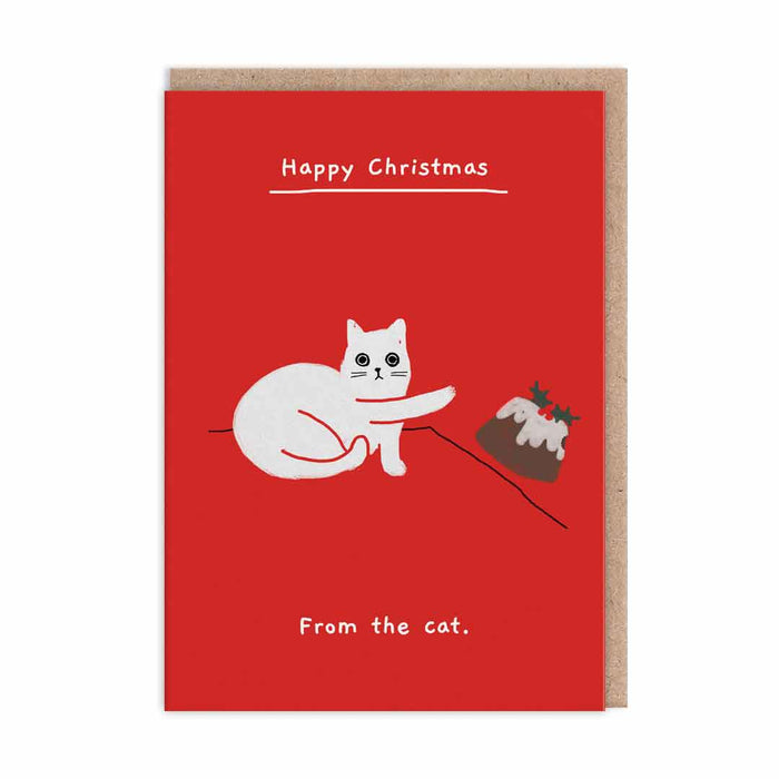 Red Christmas card with white cat pushing a Christmas pudding off a ledge; text Happy Christmas and From the cat; A6, blank inside, brown kraft envelope by Ken The Cat