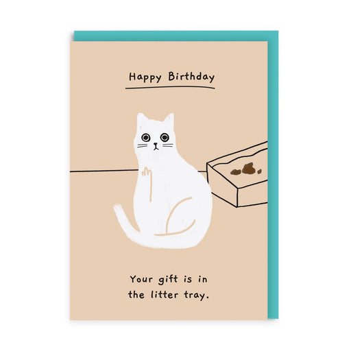 Beige birthday card with white cat and litter tray; text Happy Birthday and Your gift is in the litter tray; A6, blank inside, aqua envelope by Ken The Cat