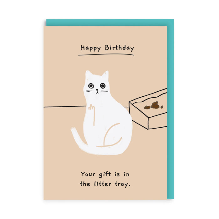 Gift Is In The Litter Tray Birthday Card - cat and litter tray design