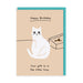 Beige birthday card with white cat and litter tray; text Happy Birthday and Your gift is in the litter tray; A6, blank inside, aqua envelope by Ken The Cat