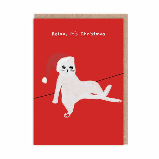Red Christmas card with a white lounging cat in a Santa hat and text Relax, it’s Christmas; A6, blank inside, brown kraft envelope by Ken The Cat