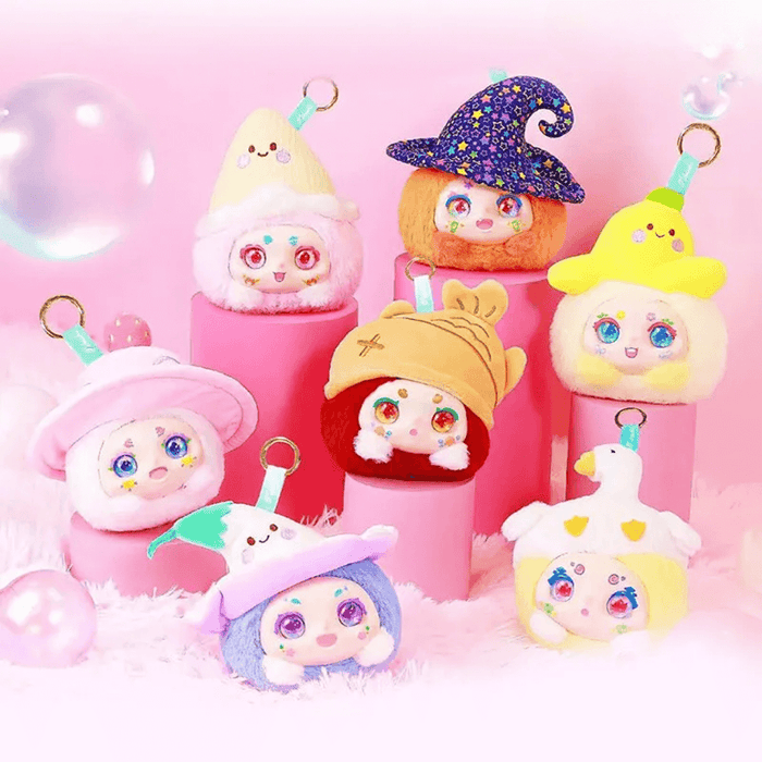 Full line‑up of Kimmon Hat Bubble plush blind box collectables displayed on pink podiums.
