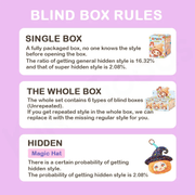 Graphic outlining Kimmon Hat Bubble blind box rules: single‑box odds (16.32 % hidden, 2.08 % super‑hidden) and full‑set guarantee.

