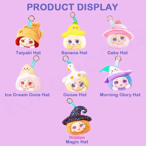 Illustration showing six regular and one hidden Kimmon Hat Bubble blind box designs.
