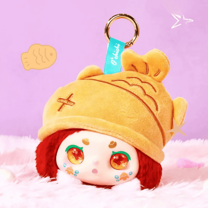 Taiyaki Hat plush – red‑haired character with golden fish‑shaped hat, Kimmon Hat Bubble blind box.
