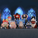 Entire Kimmon “You Are the Protagonist” plush blind box cast displayed on gothic stage backdrop.
