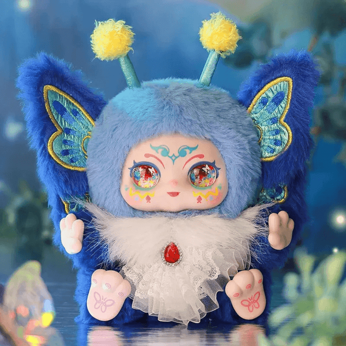 Blue Mystic Butterfly plush with embroidered wings and gem brooch, Kimmon blind box collectable.
