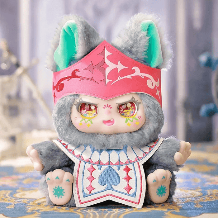 Brave Vanguard grey bunny plush wearing heraldic tabard, Kimmon “You Are the Protagonist” series.

