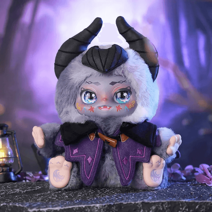 Luster Mist Shadow plush—grey fur, horned headpiece and purple cloak—Kimmon blind box series.
