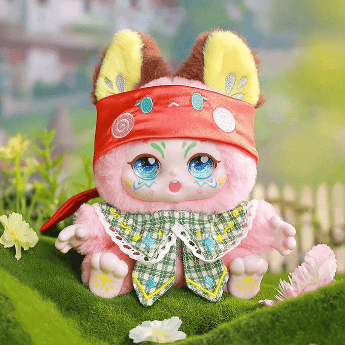Misty Rain Illusion Fox plush—pink fur, gingham neckerchief and red headband—Kimmon blind box.

