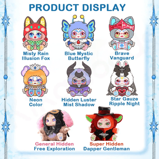 Illustration showing six regular and two hidden Kimmon “You Are the Protagonist” plush blind box designs.
