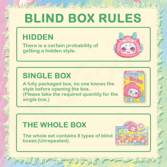 Graphic outlining Kimmon fruit blind box rules: hidden Pitaya odds, single‑box mystery and complete eight‑pack option.

