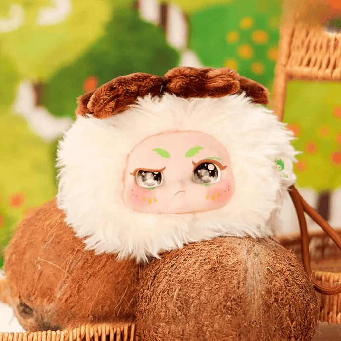 Coconut plush blind‑box figure – fluffy white fruit with brown husk accents.


