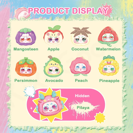 Illustration showing 8 fruit designs and hidden Pitaya in Kimmon “Sure Enough It’s You” plush blind boxes.
