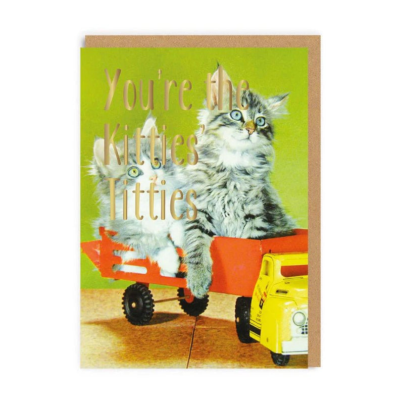 Funny cat greeting card with gold foil text “You’re the Kitties Titties”; two kittens on a red toy wagon; A6 with kraft envelope
