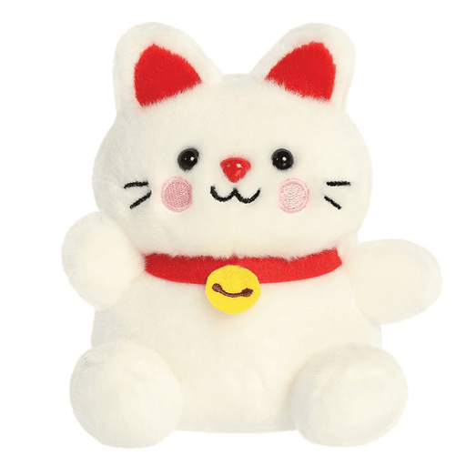 Kota Lucky Cat Palm Pals plush toy with white fur, red ears, raised paw, red collar and golden bell.Kota Lucky Cat Palm Pals plush toy with white fur, red ears, raised paw, red collar and golden bell.