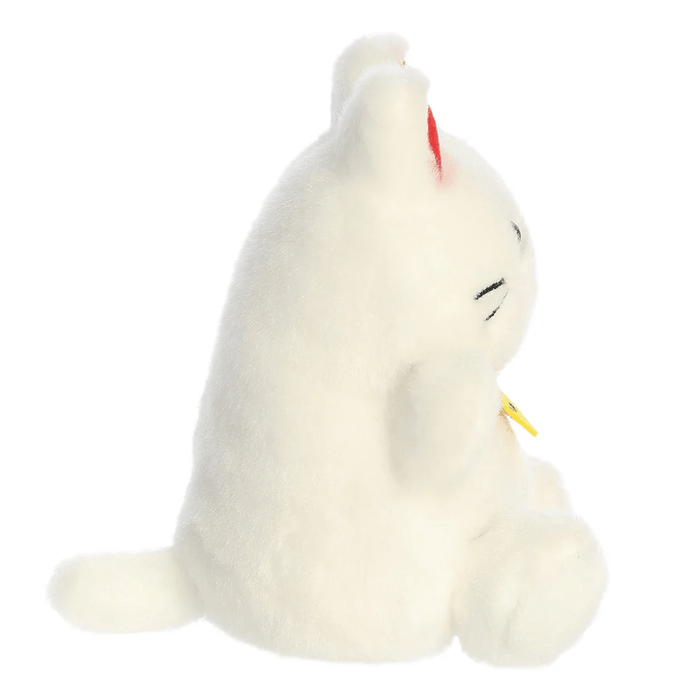 Side view of Kota Lucky Cat Palm Pals plush showing soft white body, raised paw, tail and red collar detail.