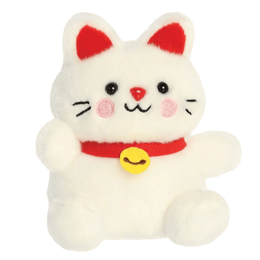 Cute Kota Lucky Cat Palm Pals soft toy with white plush body, red ears, embroidered whiskers and lucky waving paw.