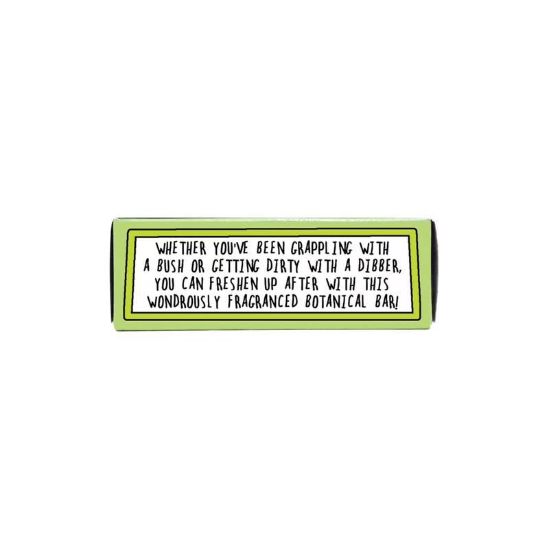 Side of Lady Garden rosemary soap bar packaging with humorous message about freshening up after gardening