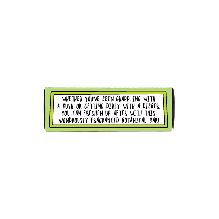 Side of Lady Garden rosemary soap bar packaging with humorous message about freshening up after gardening