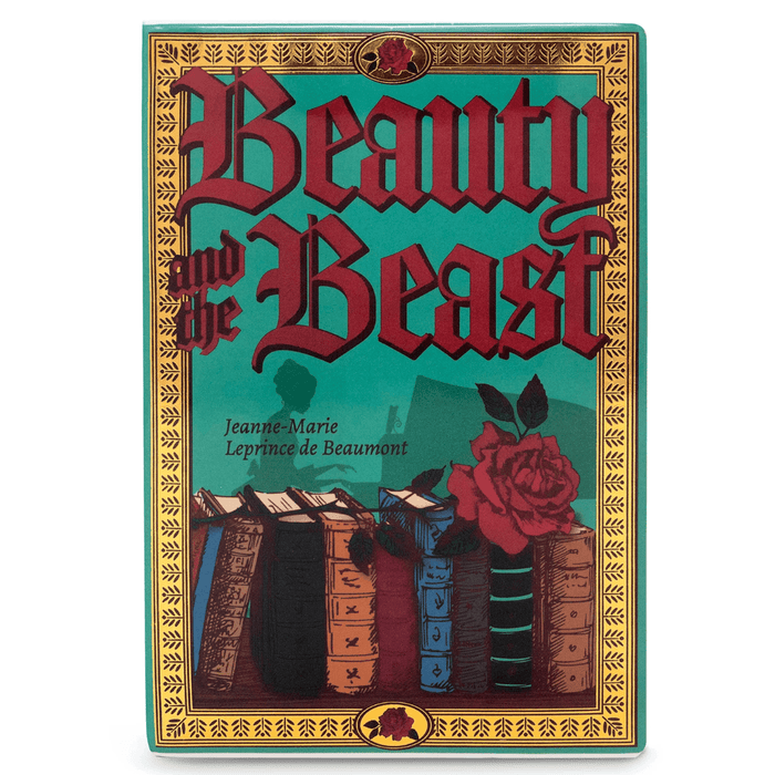 Large Beauty and the Beast ceramic book vase with teal cover, red roses, gold border and vintage fairy tale artwork.