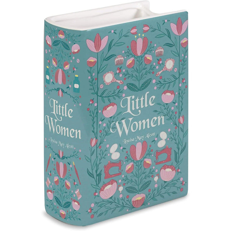 Little Women floral ceramic book vase with pink storybook artwork