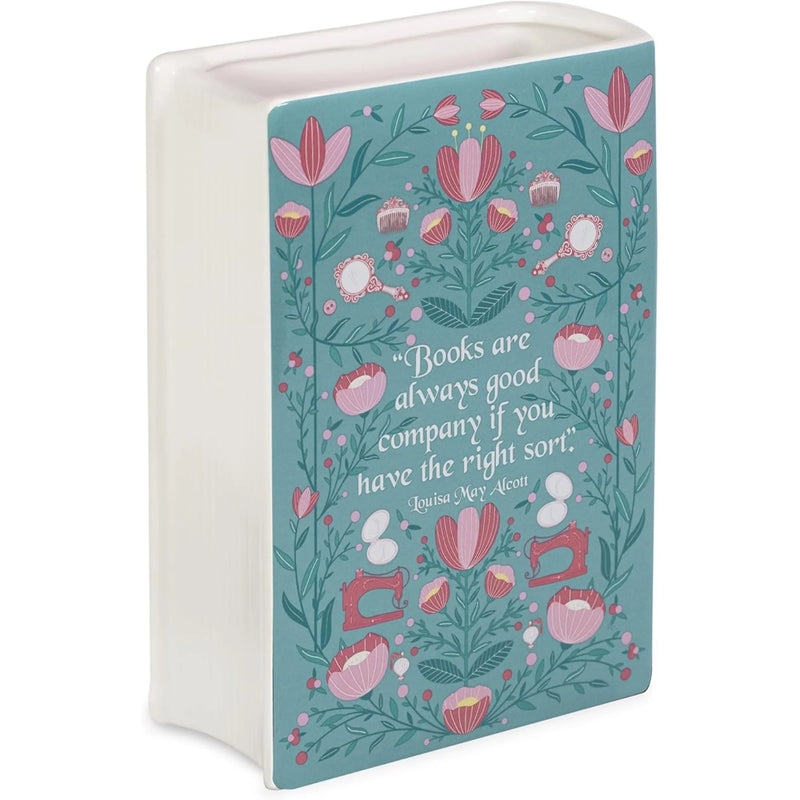 Back of Little Women book vase with illustrated quote panel
