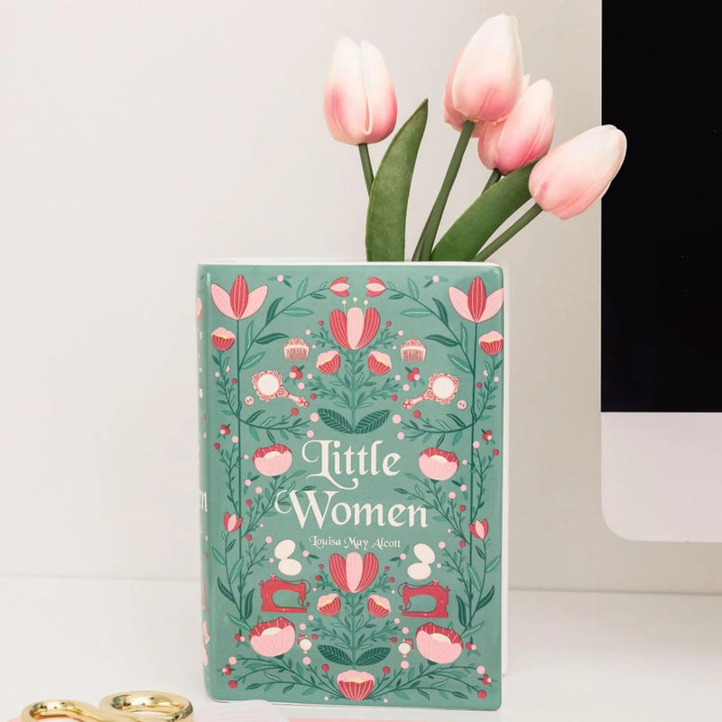 Little Women book vase with soft pink floral cover design