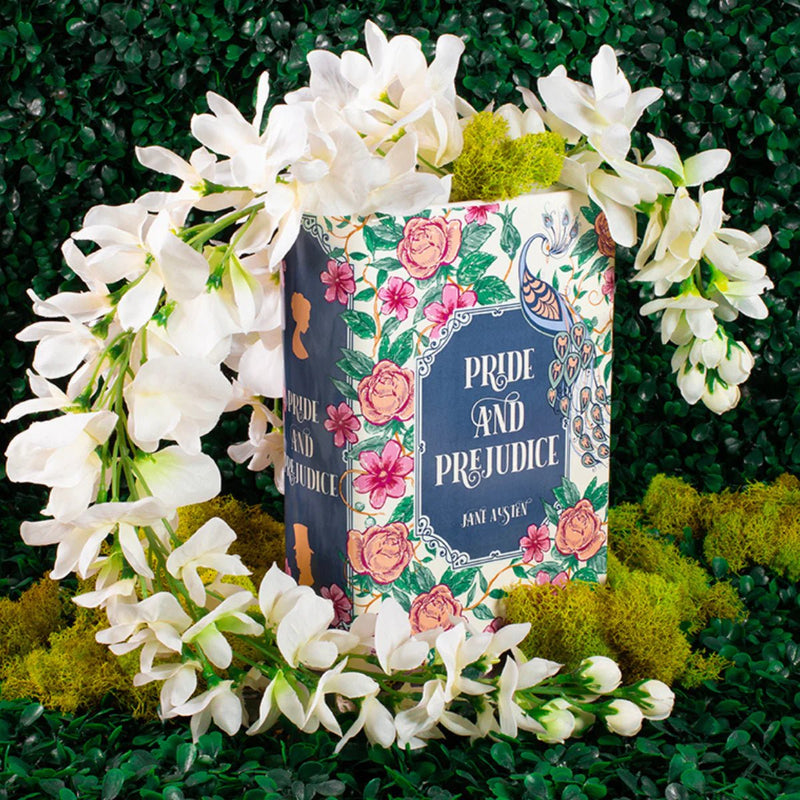 Pride and Prejudice book-shaped vase styled with white flowers