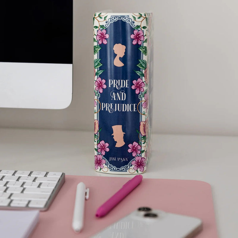 Jane Austen-inspired ceramic book vase displayed on a desk