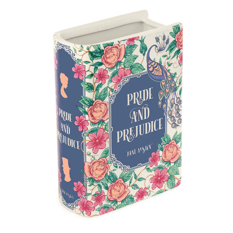 Pride and Prejudice floral ceramic book vase with peacock artwork