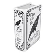 The Raven large book vase shown from an angle with black and white gothic artwork
