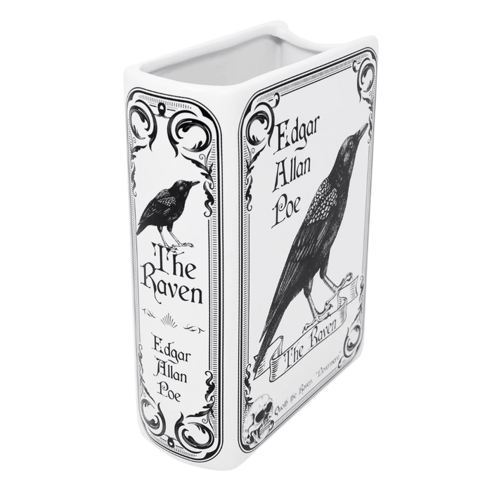 The Raven large book vase shown from an angle with black and white gothic artwork

