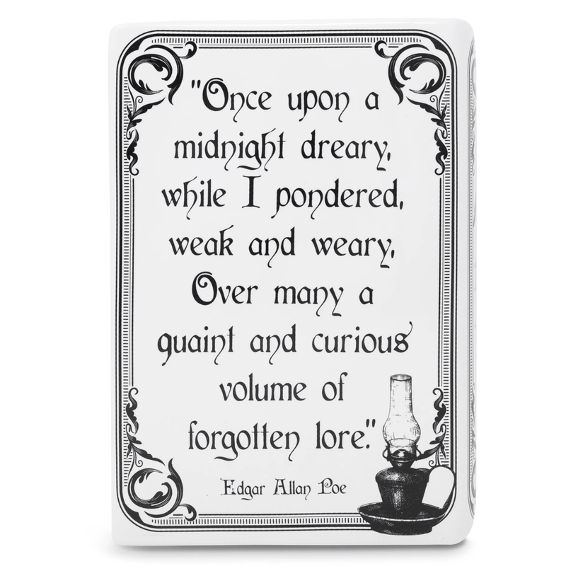 Back of The Raven ceramic book vase with Edgar Allan Poe quote artwork
