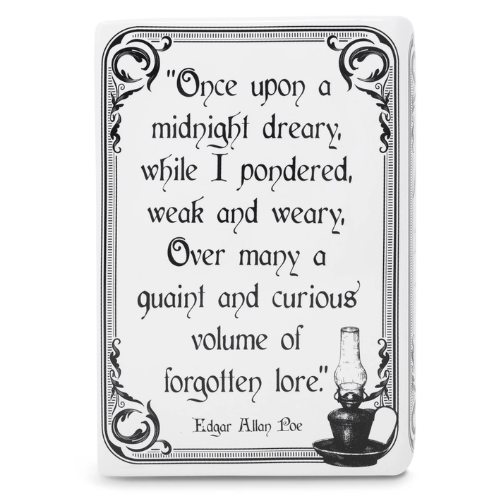 Back of The Raven ceramic book vase with Edgar Allan Poe quote artwork

