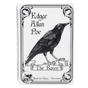 Front view of The Raven book vase with raven skull and gothic border details

