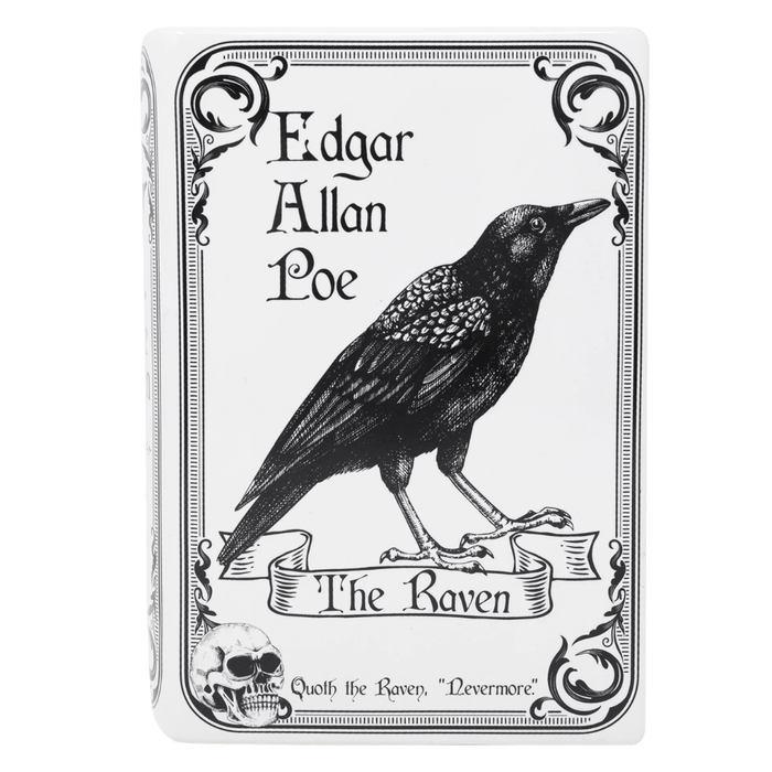 Front view of The Raven book vase with raven skull and gothic border details
