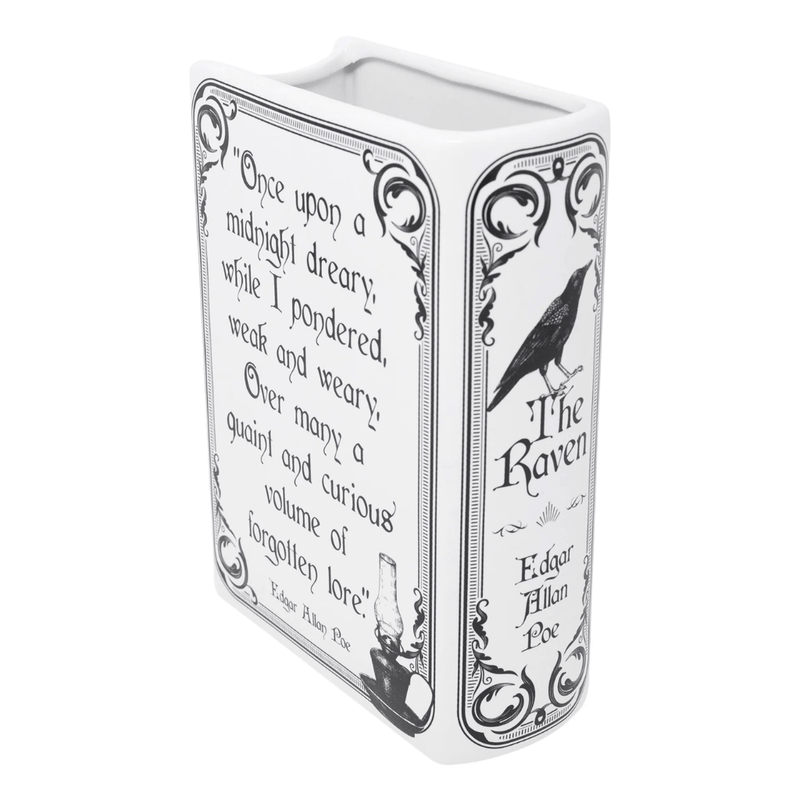 Ceramic book vase featuring a quote from The Raven by Edgar Allan Poe

